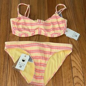 Billabong Striped Bikini Set - Pink and Yellow Size L NWT